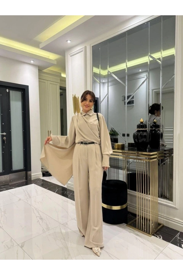Bidebuvar Kadın Uzun Kollu şal Detaylı Bluz Ve Pantolon Ikili Takım