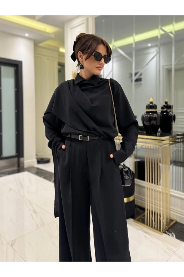 Bidebuvar Kadın Uzun Kollu şal Detaylı Bluz Ve Pantolon Ikili Takım