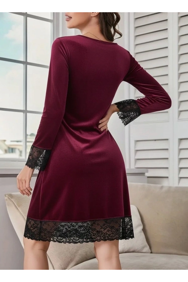 Bidebuvar Kadın Uzun Kollu V Dantel Yakalı Mini Kadife Elbise
