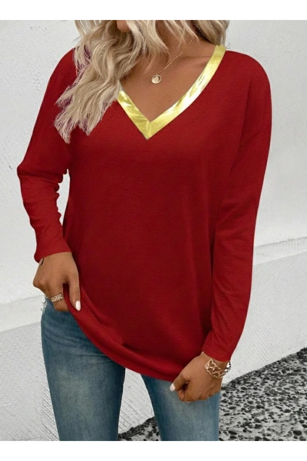 Bidebuvar Kadın Uzun Kollu V Parlak Yaka Detaylı Viskon Bluz