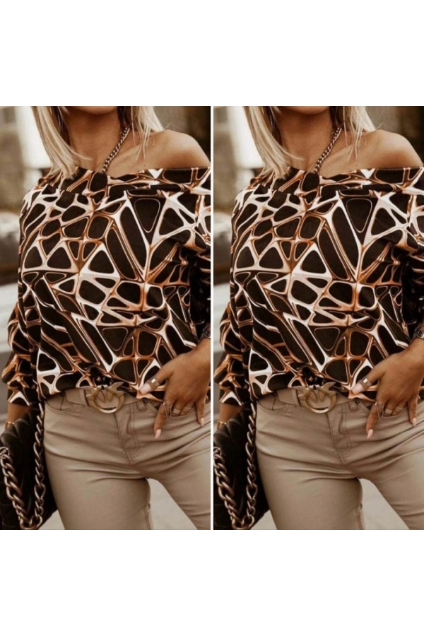 Bidebuvar Kadın Uzun Kollu V Yaka Düşük Omuz Geometrik Desen şardonlu Dalgıç Bluz