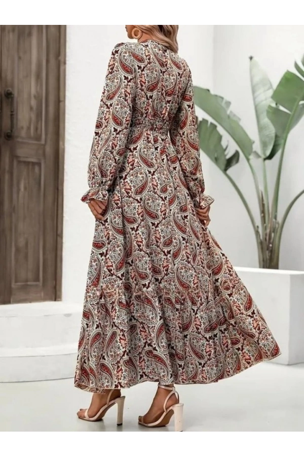 Bidebuvar Kadın Uzun Kollu V Yakalı Beli Lastikli Desenli Süprem Elbise