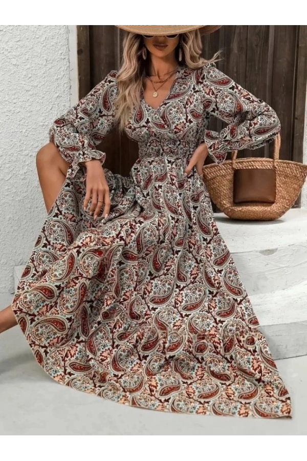 Bidebuvar Kadın Uzun Kollu V Yakalı Beli Lastikli Desenli Süprem Elbise