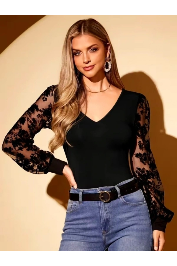Bidebuvar Kadın Uzun Kollu V Yakalı Dantelli Viskon Bluz