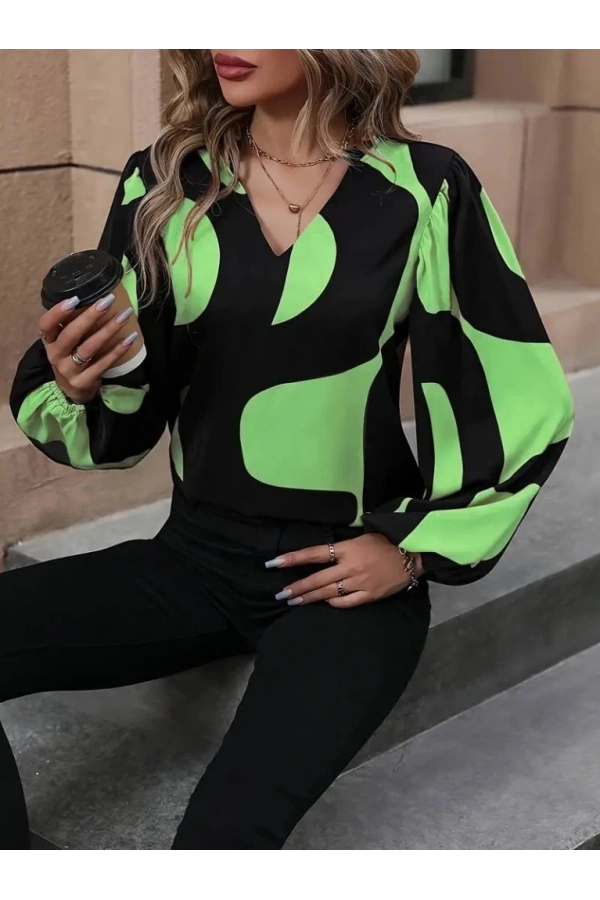 Bidebuvar Kadın Uzun Kollu V Yakalı Desenli Modal Bluz