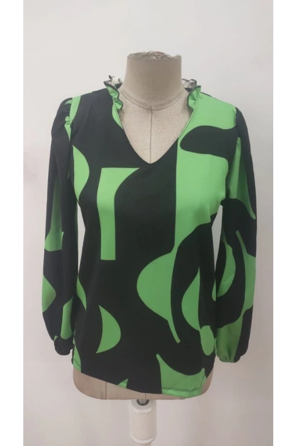 Bidebuvar Kadın Uzun Kollu V Yakalı Desenli Modal Bluz