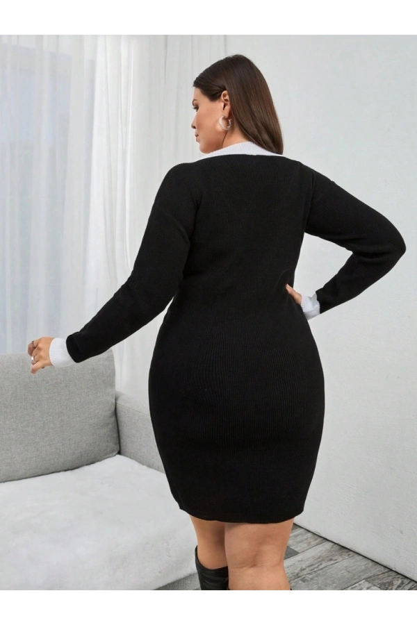 Bidebuvar Kadın Uzun Kollu V Yakalı Kısa Triko Elbise