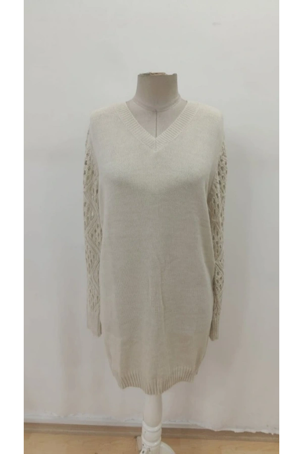 Bidebuvar Kadın Uzun Kollu V Yakalı Mini Triko Elbise