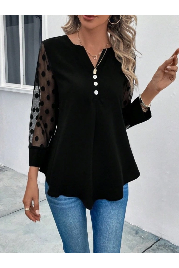 Bidebuvar Kadın Uzun Kollu Yakadan Düğmeli Kolları Tül Detaylı Viskon Bluz