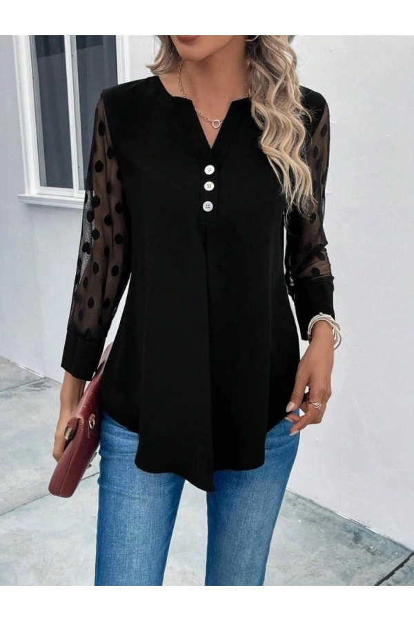 Bidebuvar Kadın Uzun Kollu Yakadan Düğmeli Kolları Tül Detaylı Viskon Bluz