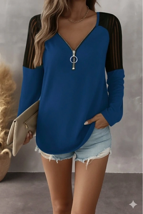 Bidebuvar Kadın Uzun Kollu Yakadan Fermuarlı Viskon Bluz