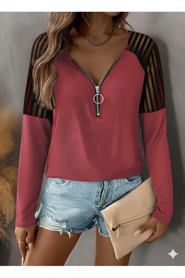 Bidebuvar Kadın Uzun Kollu Yakadan Fermuarlı Viskon Bluz