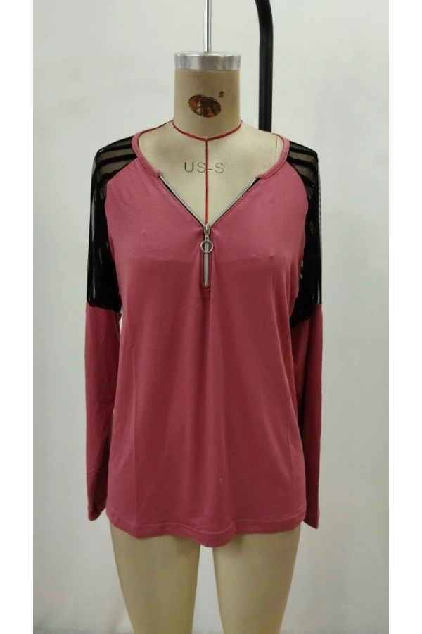 Bidebuvar Kadın Uzun Kollu Yakadan Fermuarlı Viskon Bluz