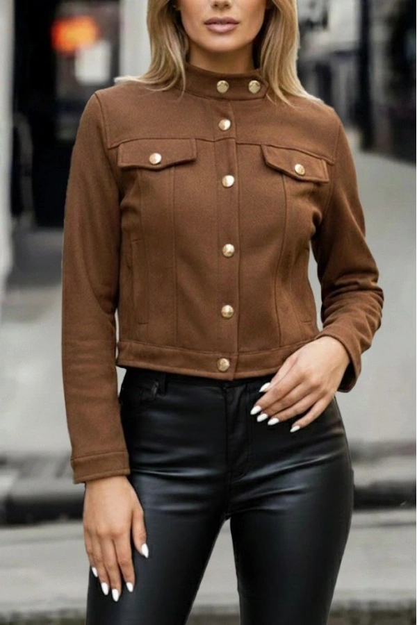 Bidebuvar Kadın Uzun Kollu Yakadan Ve önden Düğmeli Süet Kısa Ceket