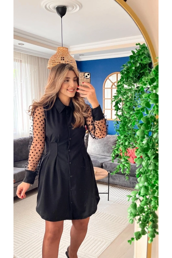 Bidebuvar Kadın Uzun Kollu Yakalı Düğmeli Mini Ithal Krep Elbise