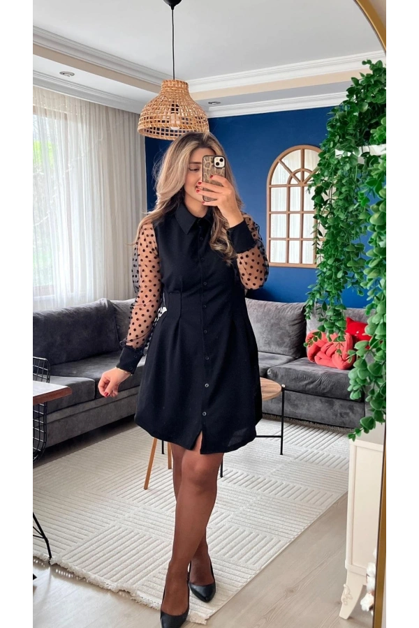 Bidebuvar Kadın Uzun Kollu Yakalı Düğmeli Mini Ithal Krep Elbise