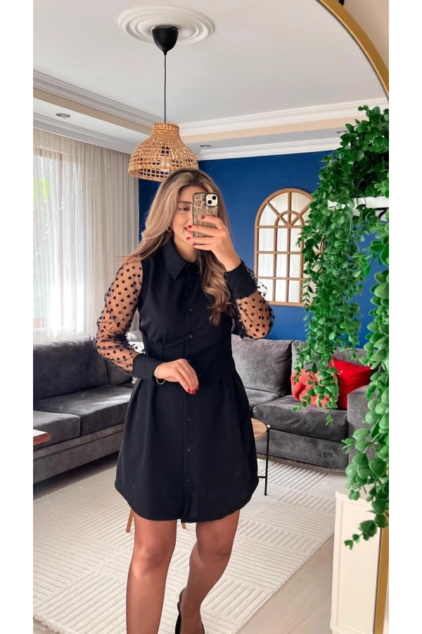 Bidebuvar Kadın Uzun Kollu Yakalı Düğmeli Mini Ithal Krep Elbise