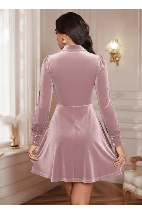 Bidebuvar Kadın Uzun Kollu Yakalı Tül Detaylı Incili Mini Kadife Elbise