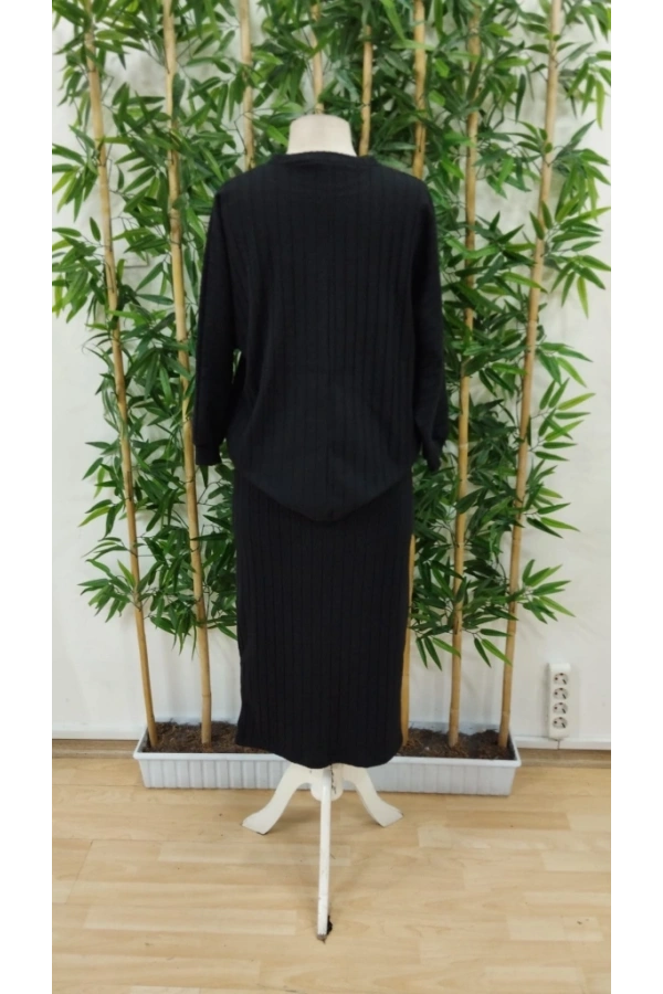 Bidebuvar Kadın Uzun Kollu Yakası Açık Yarasa Kollu şardonlu Kaşkorse Bluz Ve Etek Takım