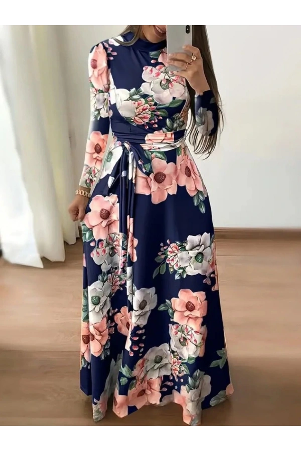 Bidebuvar Kadın Uzun Kollu Yuvarlak Yakalı Beli Kuşaklı Desenli Süprem Uzun Elbise