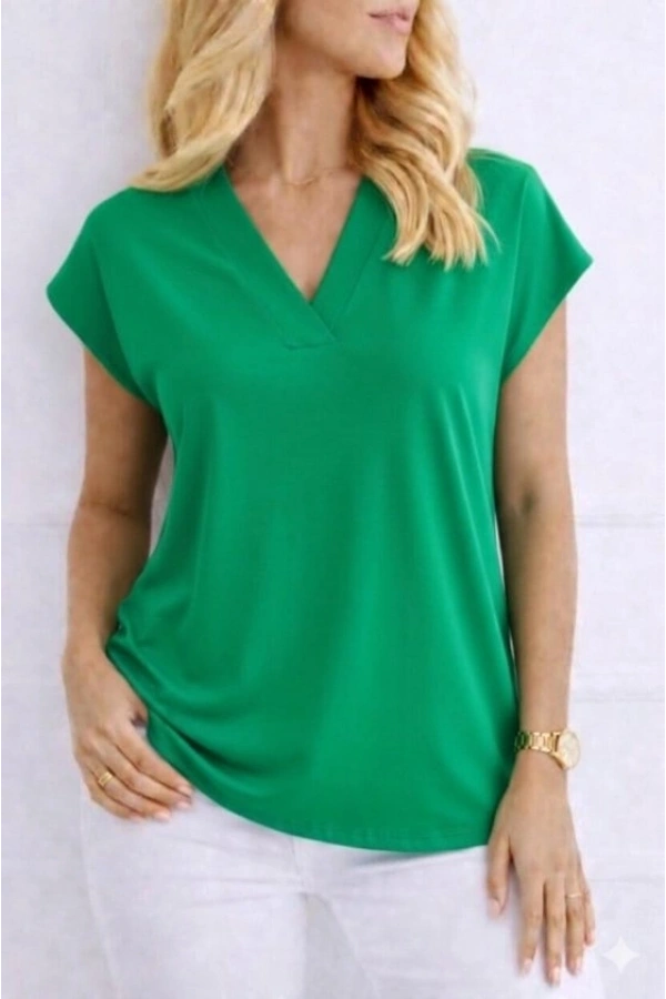 Bidebuvar Kadın V Yaka Kısa Kol Dokuma Viskon Kumaş Bluz