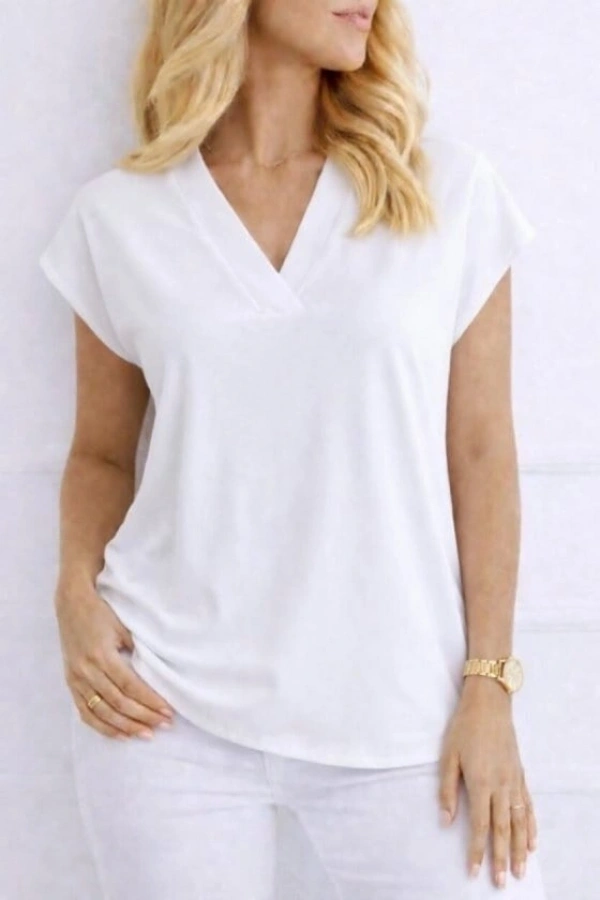 Bidebuvar Kadın V Yaka Kısa Kol Dokuma Viskon Kumaş Bluz