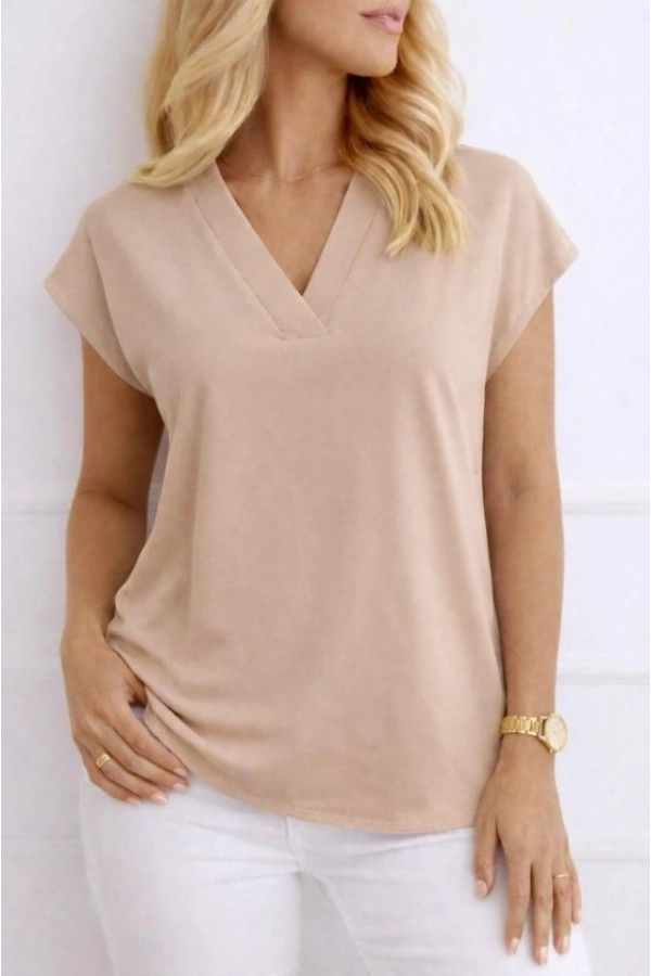 Bidebuvar Kadın V Yaka Kısa Kol Dokuma Viskon Kumaş Bluz