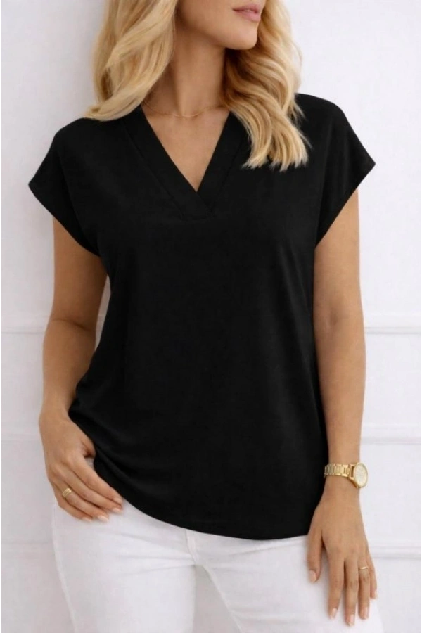 Bidebuvar Kadın V Yaka Kısa Kol Dokuma Viskon Kumaş Bluz