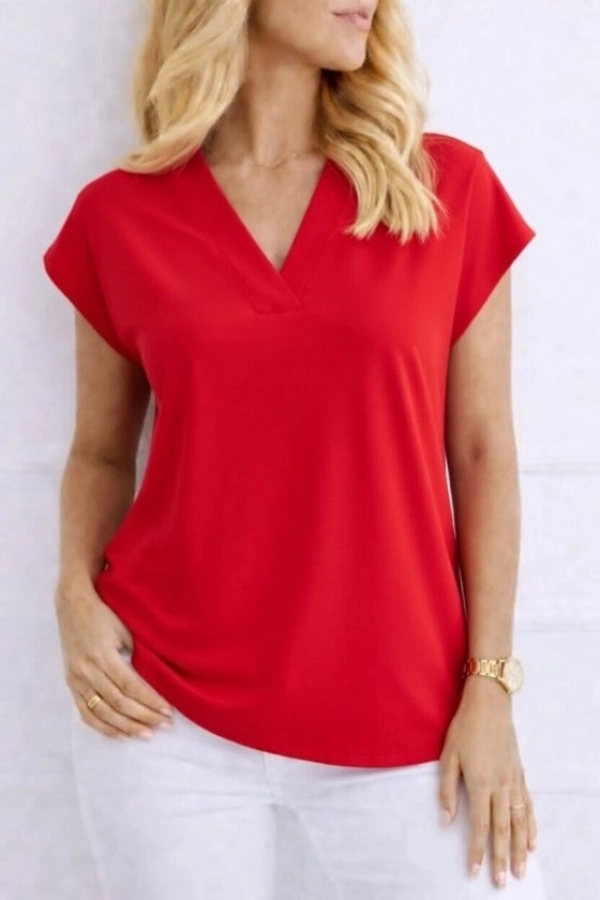 Bidebuvar Kadın V Yaka Kısa Kol Dokuma Viskon Kumaş Bluz