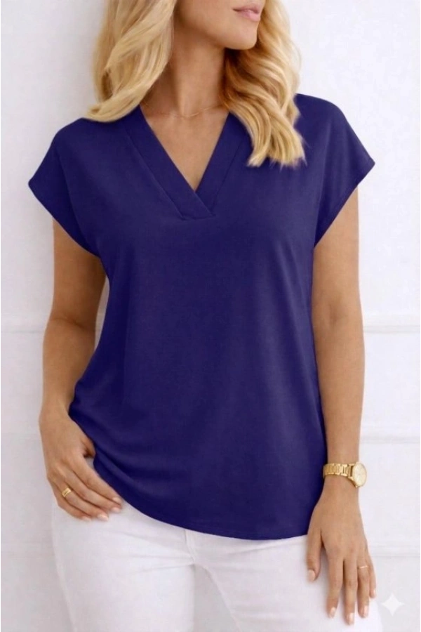 Bidebuvar Kadın V Yaka Kısa Kol Dokuma Viskon Kumaş Bluz