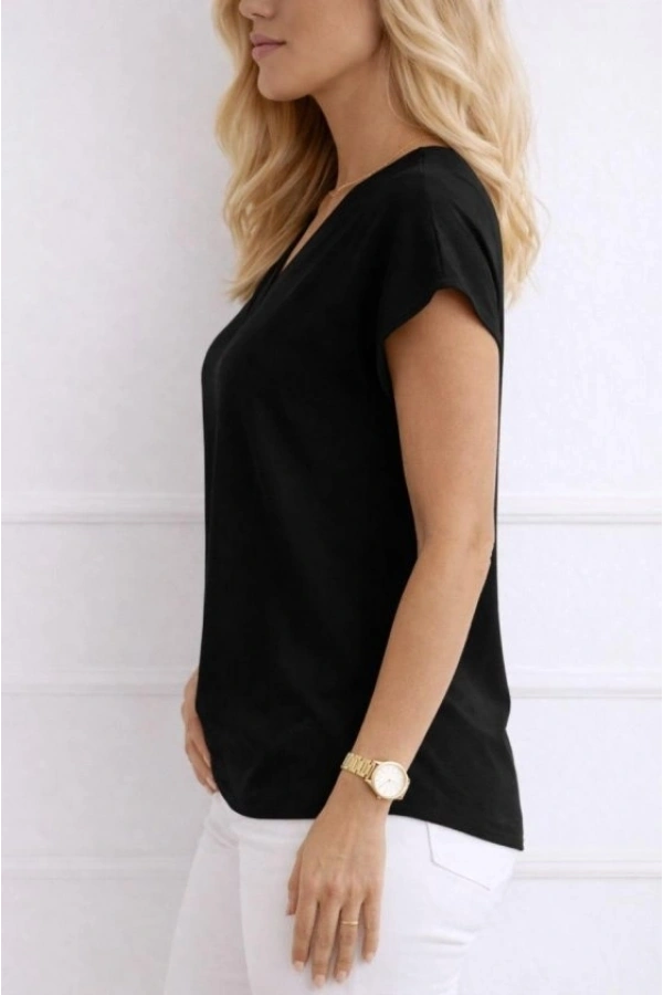 Bidebuvar Kadın V Yaka Kısa Kol Dokuma Viskon Kumaş Bluz