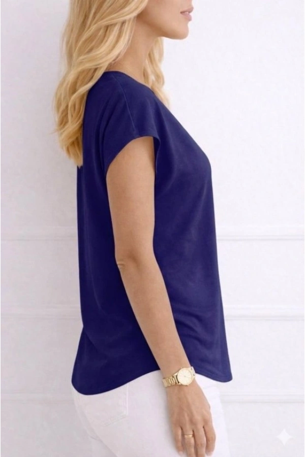 Bidebuvar Kadın V Yaka Kısa Kol Dokuma Viskon Kumaş Bluz