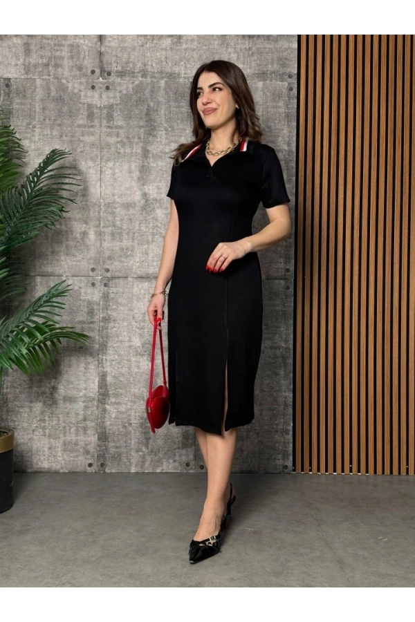 Bidebuvar Kadın Yaka Ribanalı Çift Yırtmaçlı Elbise