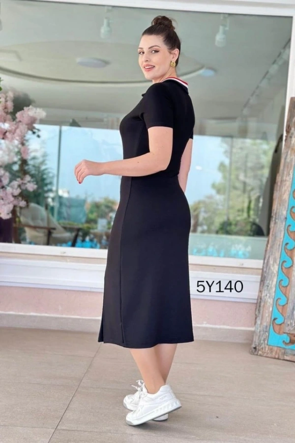 Bidebuvar Kadın Yaka Ribanalı Çift Yırtmaçlı Elbise