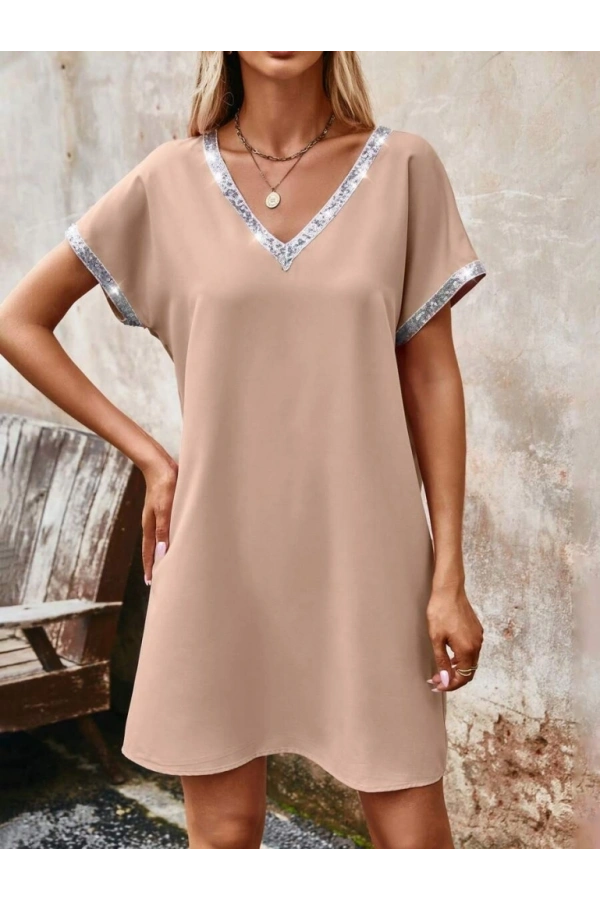 Bidebuvar Kadın Yaka Ve Kol Pul Payet şeritli Ithal Krep Elbise