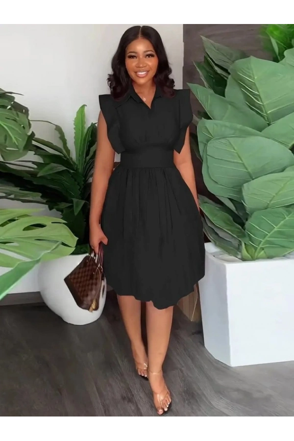 Bidebuvar Kadın Yakalı Belden Oturmalı önden Büzgülü Dokuma Mini Elbise