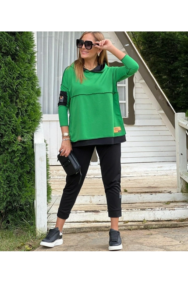 Bidebuvar Kadın Yeşil Kapşonlu Etek Ucu Detay Arma Ters Dikiş Gorunumlu Ikili Takım