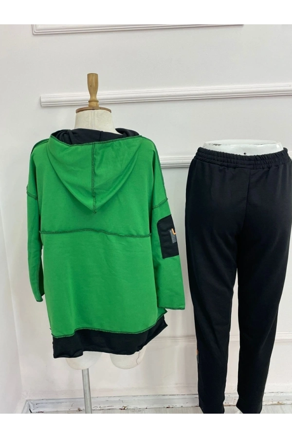 Bidebuvar Kadın Yeşil Kapşonlu Etek Ucu Detay Arma Ters Dikiş Gorunumlu Ikili Takım