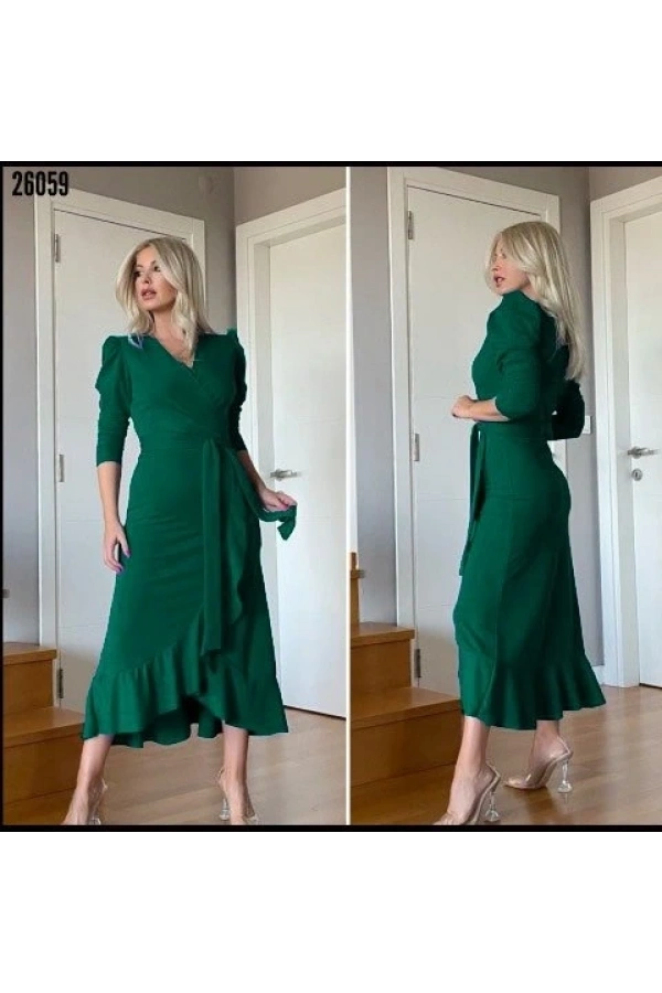 Bidebuvar Kadın Yeşil Krep Kumaş Midi Boy Kuşaklı Uzunkol Elbise