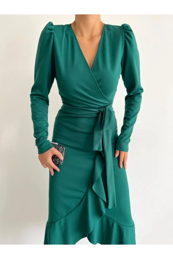 Bidebuvar Kadın Yeşil Krep Kumaş Midi Boy Kuşaklı Uzunkol Elbise