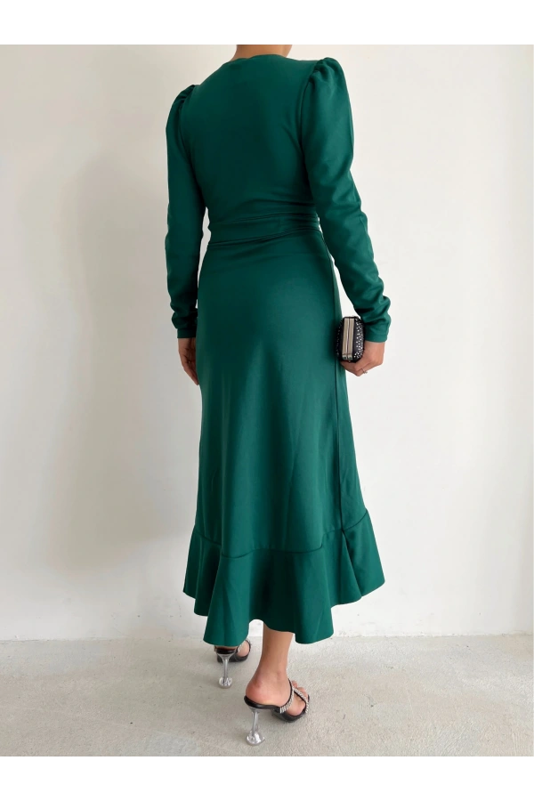 Bidebuvar Kadın Yeşil Krep Kumaş Midi Boy Kuşaklı Uzunkol Elbise