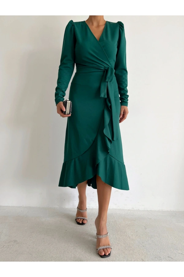 Bidebuvar Kadın Yeşil Krep Kumaş Midi Boy Kuşaklı Uzunkol Elbise