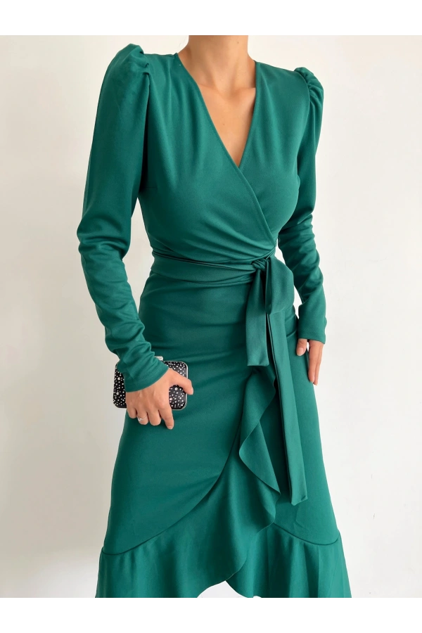 Bidebuvar Kadın Yeşil Krep Kumaş Midi Boy Kuşaklı Uzunkol Elbise