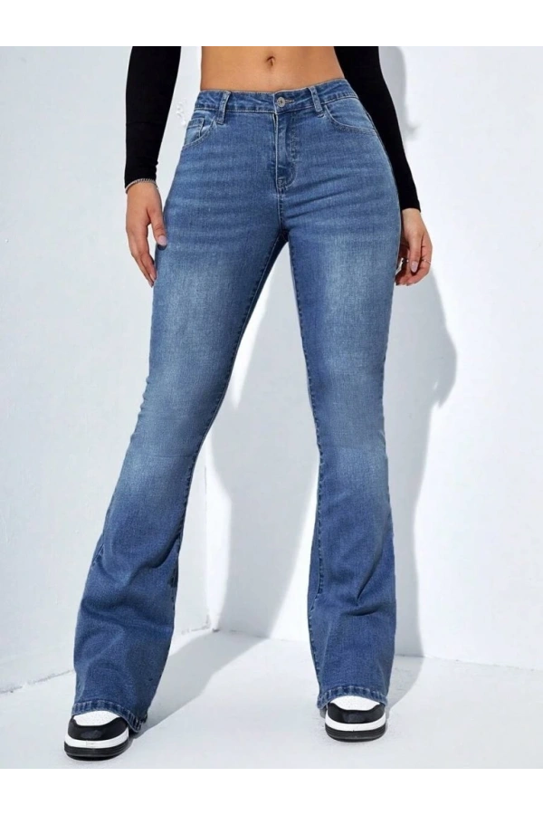 Bidebuvar Kadın Yüksek Bel Cepli İspanyol Paçalı Kot Jeans Pantolon