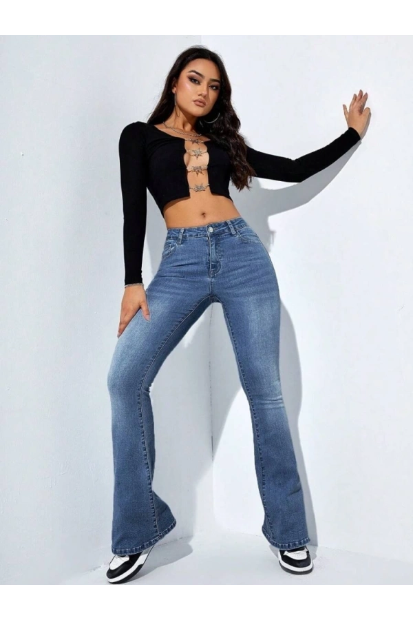 Bidebuvar Kadın Yüksek Bel Cepli İspanyol Paçalı Kot Jeans Pantolon