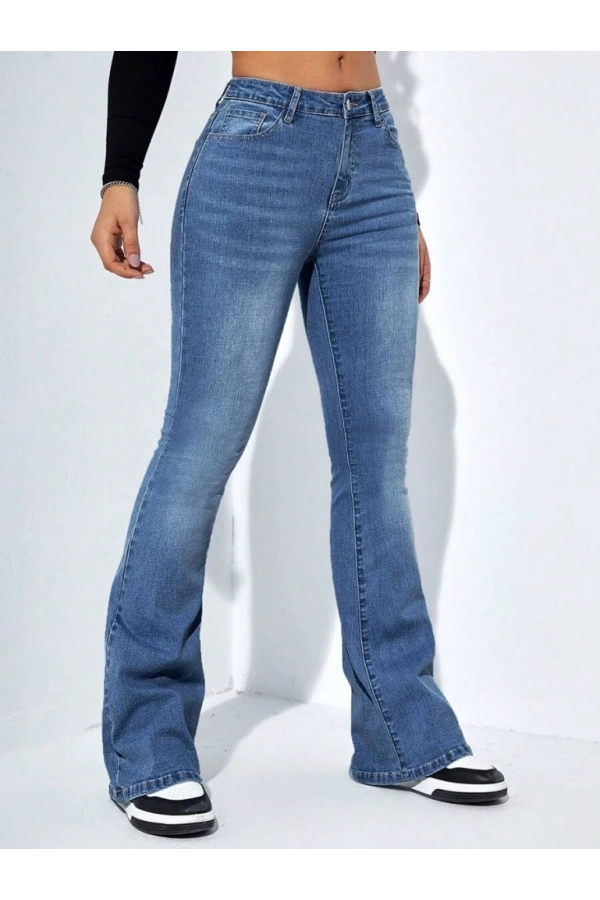 Bidebuvar Kadın Yüksek Bel Cepli İspanyol Paçalı Kot Jeans Pantolon