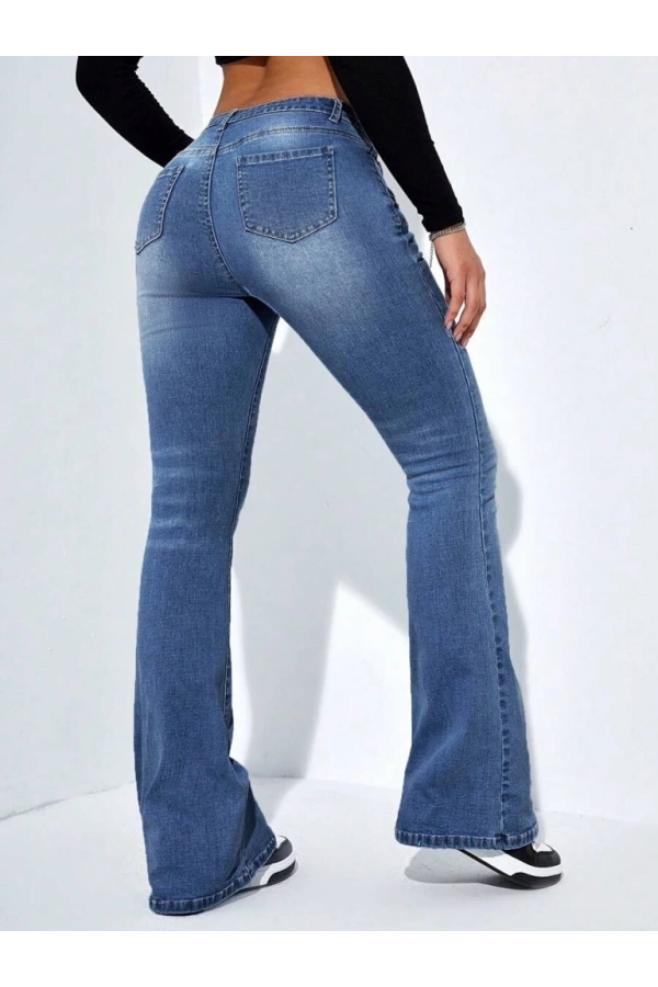 Bidebuvar Kadın Yüksek Bel Cepli İspanyol Paçalı Kot Jeans Pantolon