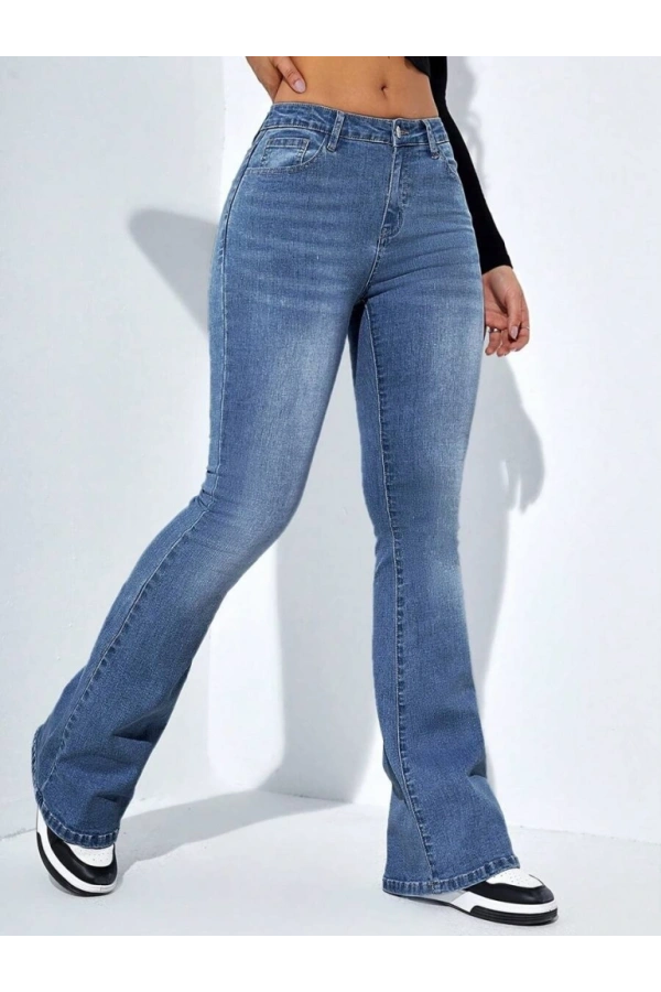 Bidebuvar Kadın Yüksek Bel Cepli İspanyol Paçalı Kot Jeans Pantolon