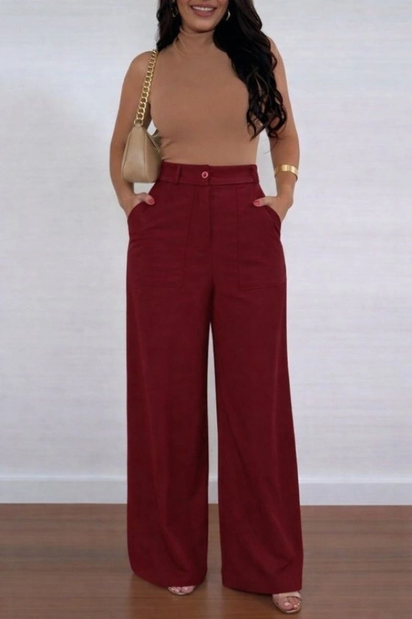 Bidebuvar Kadın Yüksek Bel Geniş Paça Detaylı Cepli Ithal Krep Pantolon