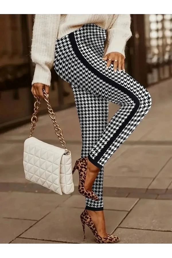 Bidebuvar Kadın Yüksek Bel Kaz Ayağı Desenli Yanları şeritli Dalgıç Pantolon